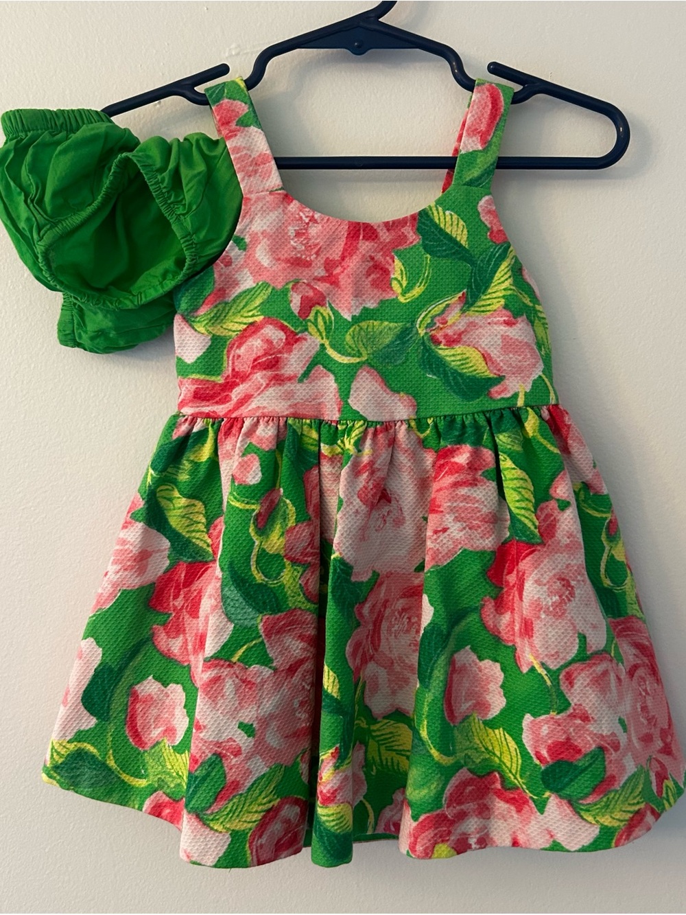 Janie and Jack Green Floral Dress with Pink Blooms